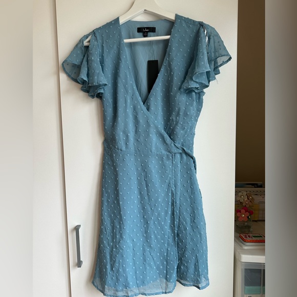 Lulus Cute Blue Swiss Dot Flutter Sleeve Wrap Dress - Picture 3 of 10
